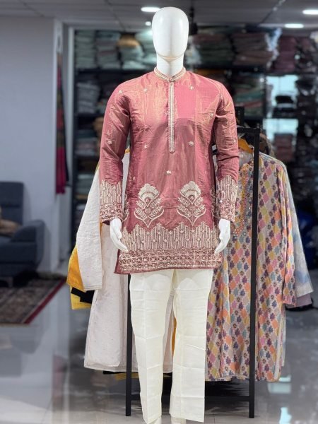 Artistic Peach Men's Embroidered Shimmer Kurta with Premium Beads Work 