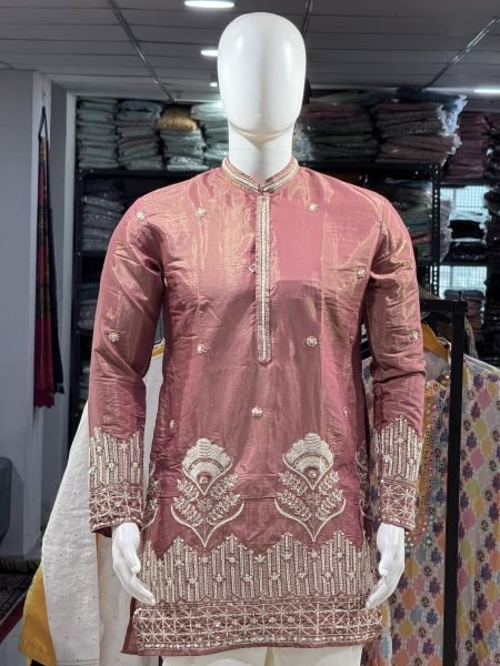 Artistic Peach Men's Embroidered Shimmer Kurta with Premium Beads Work Kurta Pajama Wholesale