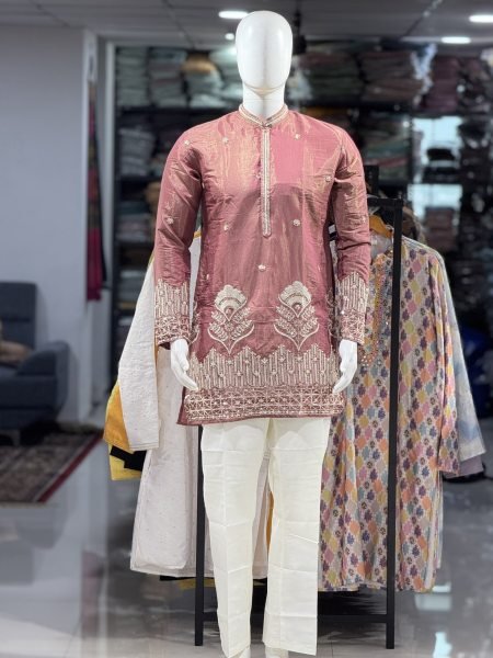 Artistic Peach Men's Embroidered Shimmer Kurta with Premium Beads Work Kurta Pajama Wholesale