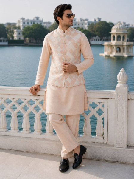 Artistic Peach Men's Malai Satin Kurta Set with Designer Jacquard Waistcoat 