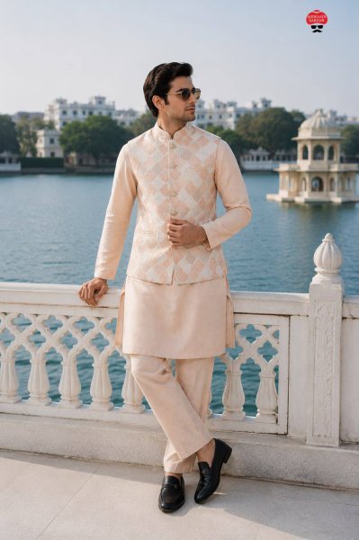 Artistic Peach Men's Malai Satin Kurta Set with Designer Jacquard Waistcoat Kurta Pajama Wholesale