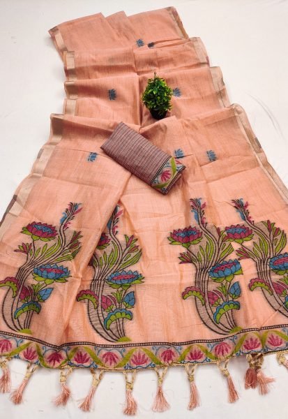 Artistic Peach Pure Muga Cotton Saree with Floral Meenakari Pallu for Wedding Functions Printed Cotton Sarees Wholesale