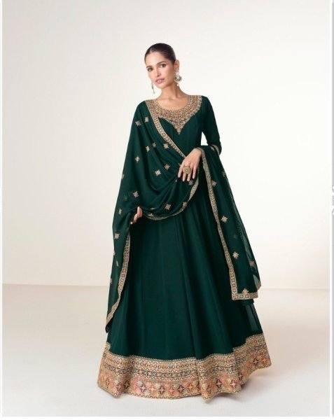 Artistic Peacock Green Blooming Georgette Embroidered Suit at Manufacturer Rate Anarakali Gown Wholesale