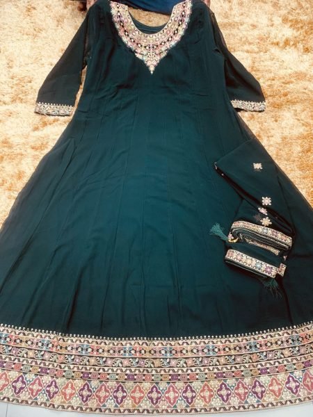 Artistic Peacock Green Blooming Georgette Embroidered Suit at Manufacturer Rate Anarakali Gown Wholesale