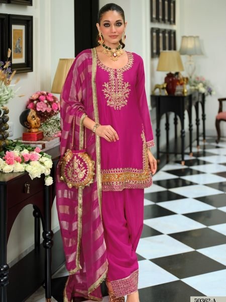 Artistic Pink Chinon Embroidered Top Farshi Salwar Dupatta Set at Manufacturer  Salwar Kameez
