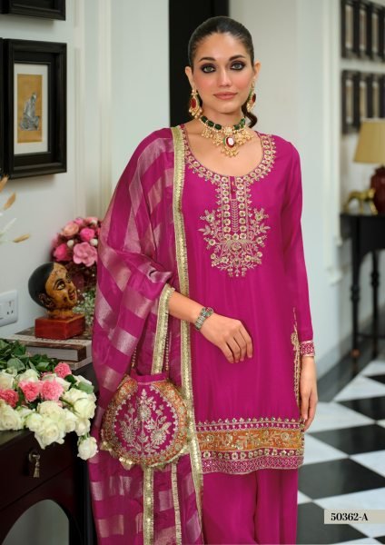 Artistic Pink Chinon Embroidered Top Farshi Salwar Dupatta Set at Manufacturer  Churidar Salwar Suits Wholesale