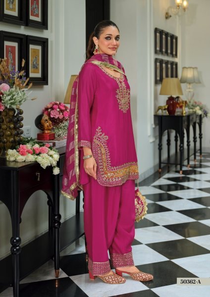 Artistic Pink Chinon Embroidered Top Farshi Salwar Dupatta Set at Manufacturer  Churidar Salwar Suits Wholesale