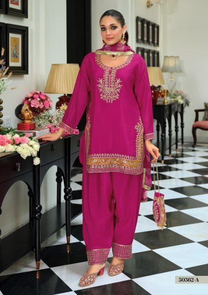 Artistic Pink Chinon Embroidered Top Farshi Salwar Dupatta Set at Manufacturer  Churidar Salwar Suits Wholesale