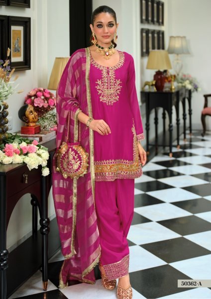 Artistic Pink Chinon Embroidered Top Farshi Salwar Dupatta Set at Manufacturer  Churidar Salwar Suits Wholesale