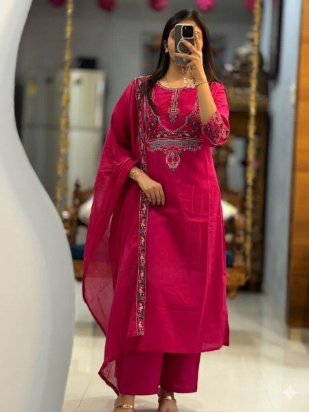Artistic Pink Cotton Kurti Pant Set with Embroidered Dupatta for Office Wear Kurtis