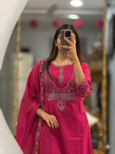 Artistic Pink Cotton Kurti Pant Set with Embroidered Dupatta for Office Wear Embroidery Kurtis 