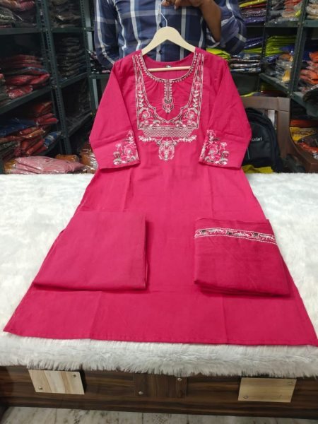 Artistic Pink Cotton Kurti Pant Set with Embroidered Dupatta for Office Wear Embroidery Kurtis 