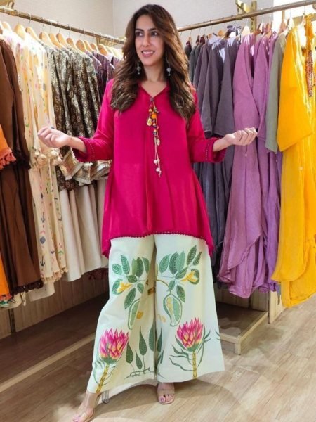 Artistic Pink Printed Palazzo Set with Cotton Top for Office Wear Kurtis