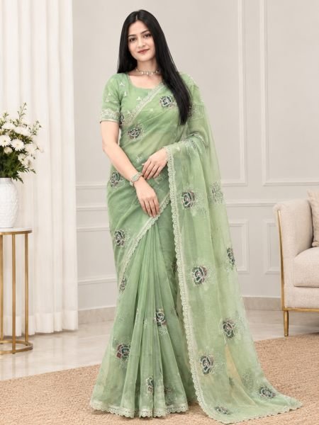 Artistic Pista Melborne Simmer Silk Saree with Position Beads Work for Festival 
