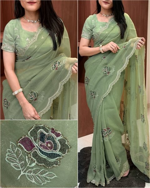 Artistic Pista Melborne Simmer Silk Saree with Position Beads Work for Festival Silk Sarees Wholesale