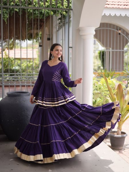 Artistic Purple Cora Cotton Navratri Lehenga with Peplum Top and Gota Patti Work Ready To Wear Suit