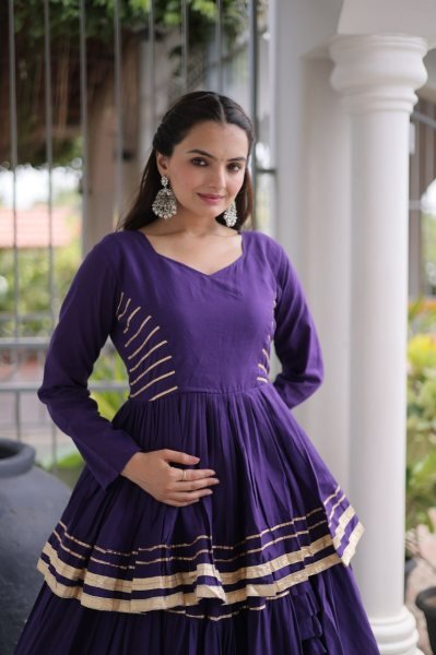 Artistic Purple Cora Cotton Navratri Lehenga with Peplum Top and Gota Patti Work Ready To Wear Collection