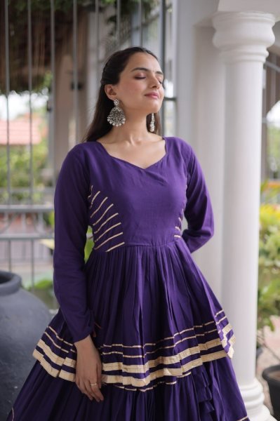 Artistic Purple Cora Cotton Navratri Lehenga with Peplum Top and Gota Patti Work Ready To Wear Collection