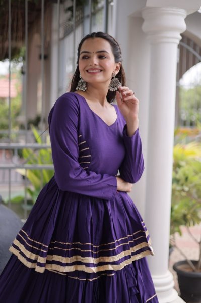 Artistic Purple Cora Cotton Navratri Lehenga with Peplum Top and Gota Patti Work Ready To Wear Collection
