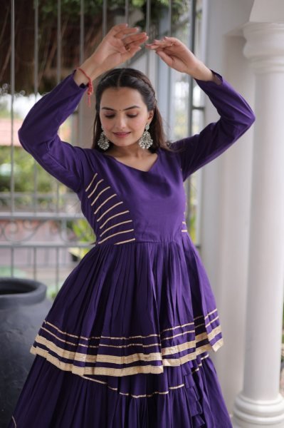 Artistic Purple Cora Cotton Navratri Lehenga with Peplum Top and Gota Patti Work Ready To Wear Collection