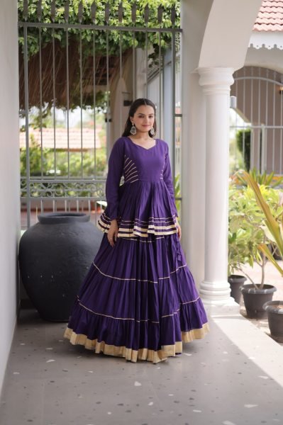 Artistic Purple Cora Cotton Navratri Lehenga with Peplum Top and Gota Patti Work Ready To Wear Collection