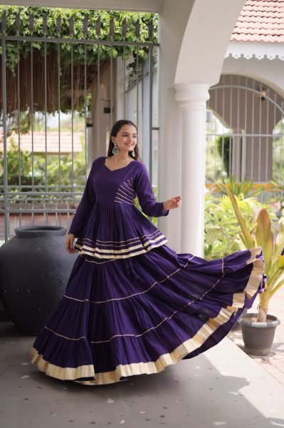 Artistic Purple Cora Cotton Navratri Lehenga with Peplum Top and Gota Patti Work Ready To Wear Collection