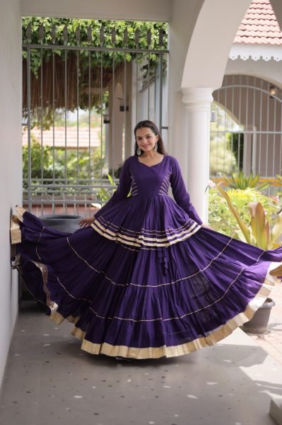 Artistic Purple Cora Cotton Navratri Lehenga with Peplum Top and Gota Patti Work Ready To Wear Collection