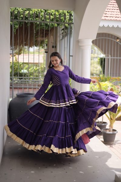 Artistic Purple Cora Cotton Navratri Lehenga with Peplum Top and Gota Patti Work Ready To Wear Collection