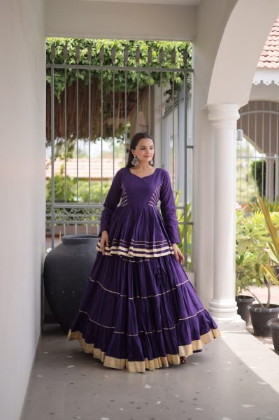 Artistic Purple Cora Cotton Navratri Lehenga with Peplum Top and Gota Patti Work Ready To Wear Collection
