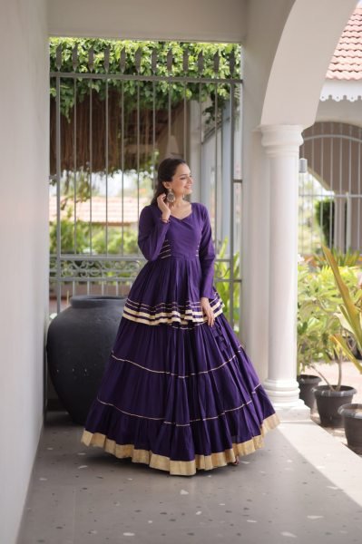 Artistic Purple Cora Cotton Navratri Lehenga with Peplum Top and Gota Patti Work Ready To Wear Collection