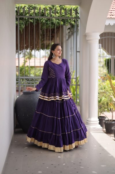 Artistic Purple Cora Cotton Navratri Lehenga with Peplum Top and Gota Patti Work Ready To Wear Collection