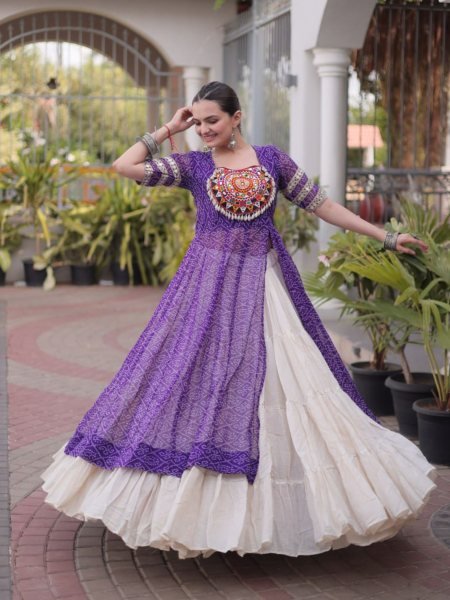 Artistic Purple Kora Cotton Lehenga with Faux Georgette Bandhani Print Kurti  Lehenga