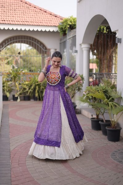 Artistic Purple Kora Cotton Lehenga with Faux Georgette Bandhani Print Kurti Navratri Lehnega Choli