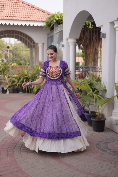 Artistic Purple Kora Cotton Lehenga with Faux Georgette Bandhani Print Kurti Navratri Lehnega Choli
