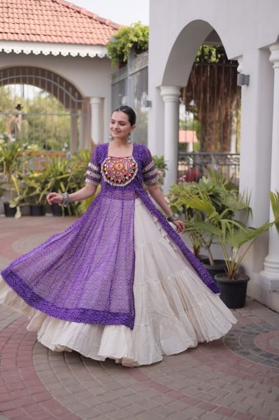Artistic Purple Kora Cotton Lehenga with Faux Georgette Bandhani Print Kurti Navratri Lehnega Choli