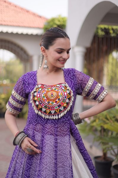 Artistic Purple Kora Cotton Lehenga with Faux Georgette Bandhani Print Kurti Navratri Lehnega Choli