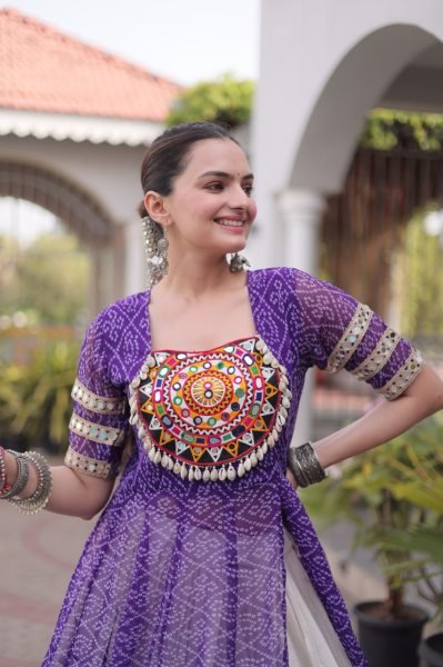 Artistic Purple Kora Cotton Lehenga with Faux Georgette Bandhani Print Kurti Navratri Lehnega Choli