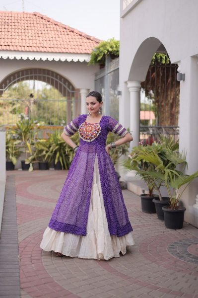 Artistic Purple Kora Cotton Lehenga with Faux Georgette Bandhani Print Kurti Navratri Lehnega Choli