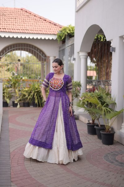 Artistic Purple Kora Cotton Lehenga with Faux Georgette Bandhani Print Kurti Navratri Lehnega Choli