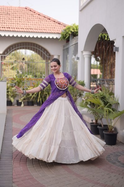 Artistic Purple Kora Cotton Lehenga with Faux Georgette Bandhani Print Kurti Navratri Lehnega Choli