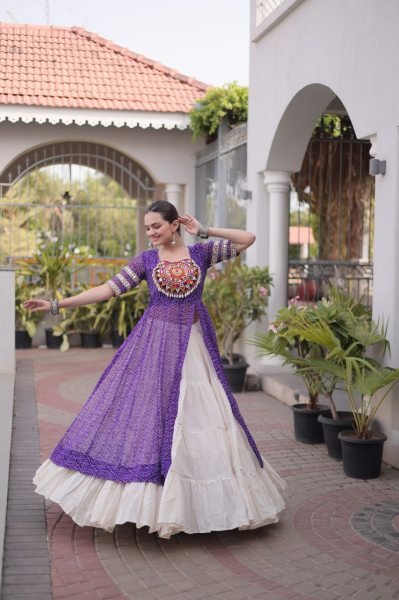 Artistic Purple Kora Cotton Lehenga with Faux Georgette Bandhani Print Kurti Navratri Lehnega Choli