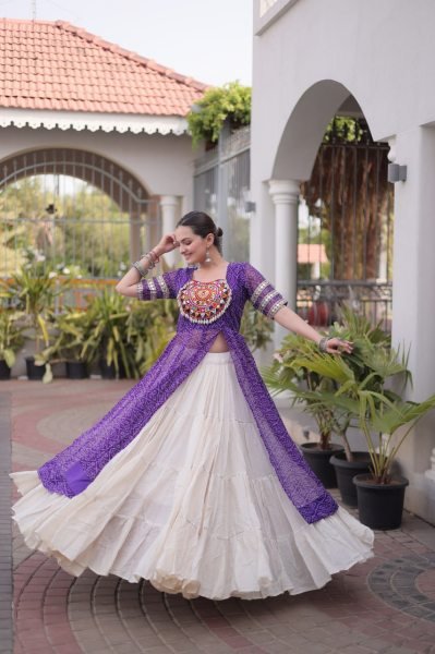 Artistic Purple Kora Cotton Lehenga with Faux Georgette Bandhani Print Kurti Navratri Lehnega Choli