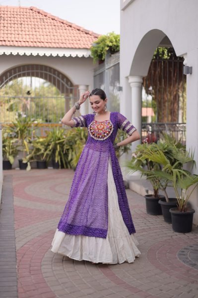 Artistic Purple Kora Cotton Lehenga with Faux Georgette Bandhani Print Kurti Navratri Lehnega Choli