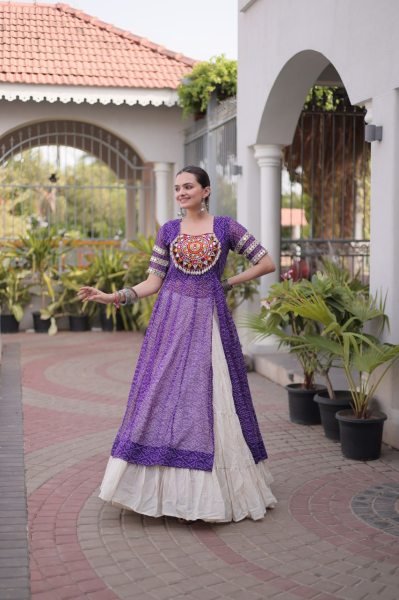 Artistic Purple Kora Cotton Lehenga with Faux Georgette Bandhani Print Kurti Navratri Lehnega Choli
