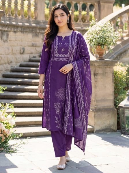 Artistic Purple Muslin Kurti Pant Set with Hand Print for Women Printed Kurtis