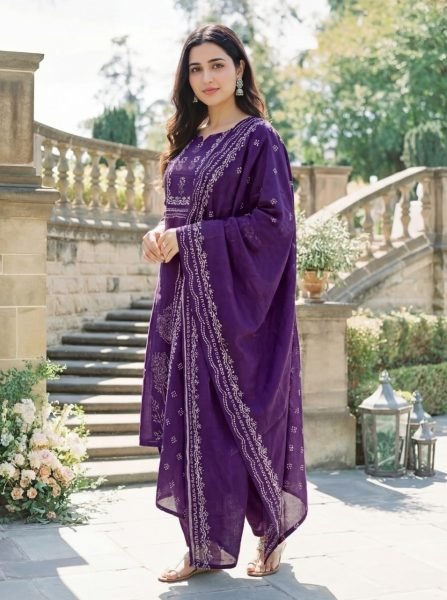 Artistic Purple Muslin Kurti Pant Set with Hand Print for Women Printed Kurtis