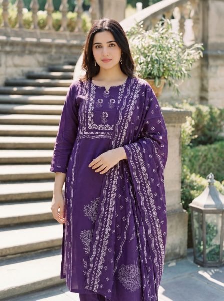 Artistic Purple Muslin Kurti Pant Set with Hand Print for Women Printed Kurtis