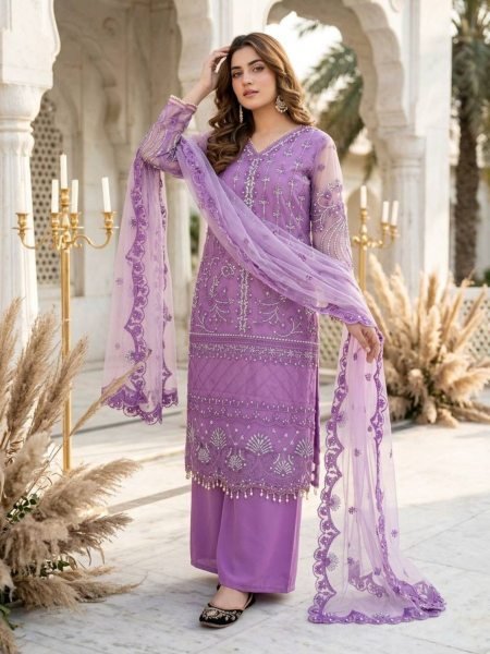 Artistic Purple Party Wear Palazzo Suit with Chinese Sequins Work and Fancy Lace Detailing Ready To Wear Suit