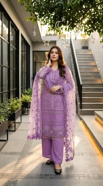 Artistic Purple Party Wear Palazzo Suit with Chinese Sequins Work and Fancy Lace Detailing Ready To Wear Collection