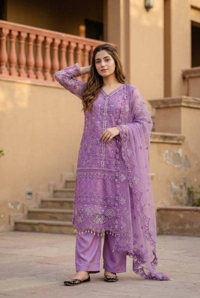 Artistic Purple Party Wear Palazzo Suit with Chinese Sequins Work and Fancy Lace Detailing Ready To Wear Collection